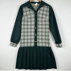 Vintage 60’s Green Textured Polyester Pleated Skirt Mini Dress Sz 10 Union Made